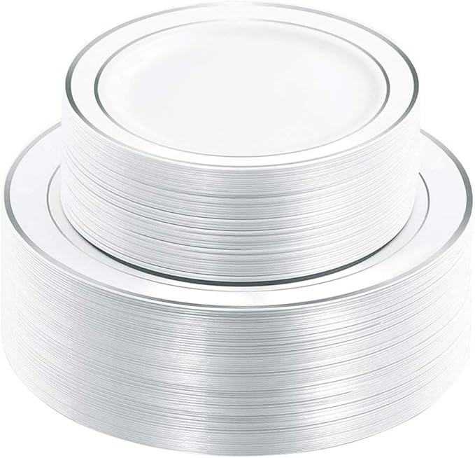 WDF 120PCS Plastic Christmas Plates White Silver Rim - Disposable Plates including 60PCS for Dinner 10.25inch, 60 Salad/Dessert Plates 7.5inch Heavy Duty Wedding