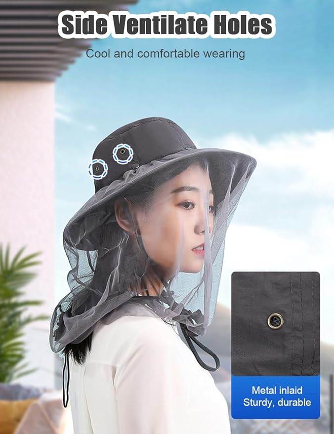 Mosquito Sun Hat with Net, Concealable Mesh, Drawstring Adjustable Skirt and Wind Cord, for Fishing Beekeeping Gardening