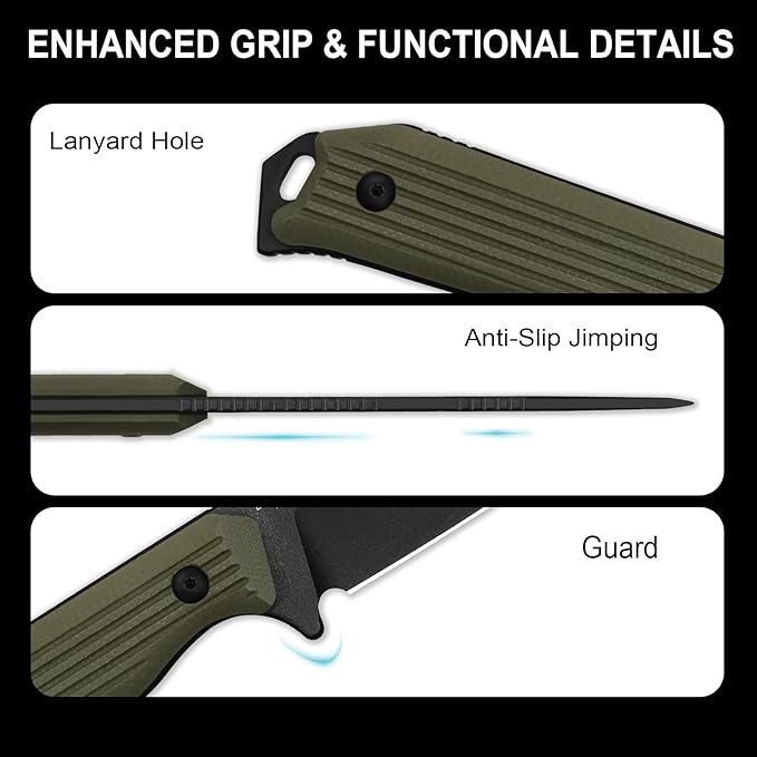 Kizer Begleiter Fix Fixed Blade Knife, 3.74" Tanto AEB-L Blade Hunting Knives with Kydex Sheath, Green G10 Handle EDC Knife for Camping Hunting Survival 1045MT2