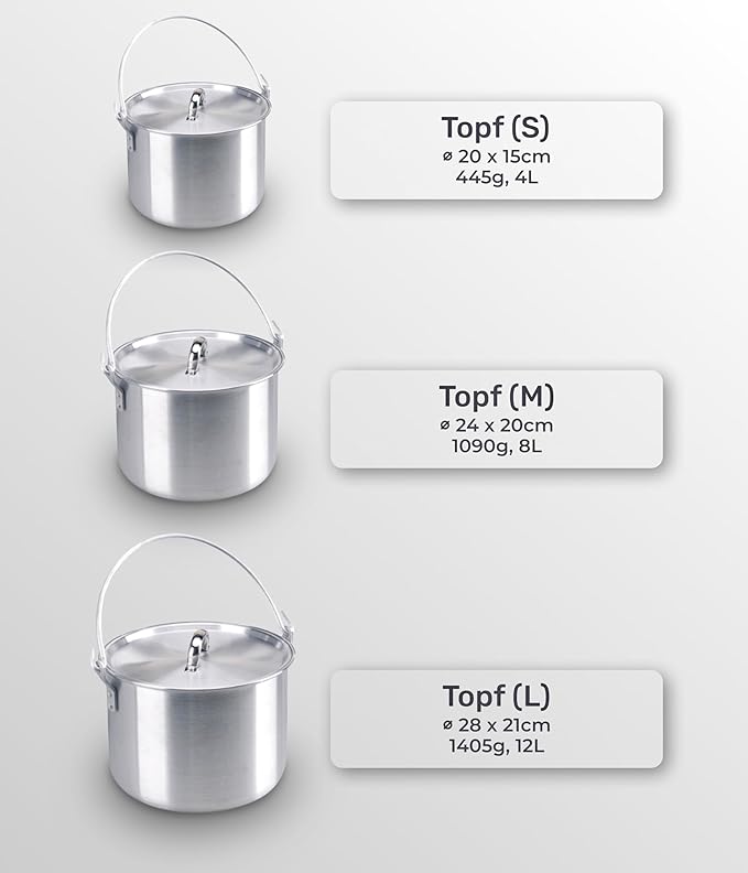 AceCamp Nested Pot Aluminum Lightweight Cooking Pot Set Outdoor Large Stock with lid and folding handle - 4L,8L,12L