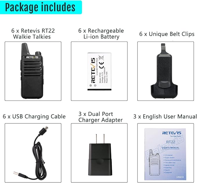 Retevis RT22 Walkie Talkies for Adults, Two Way Radios Long Range Rechargeable, VOX Handsfree, Mini Compact Walkie Talkie with USB Charger, for School Church Restaurant (6 Pack)
