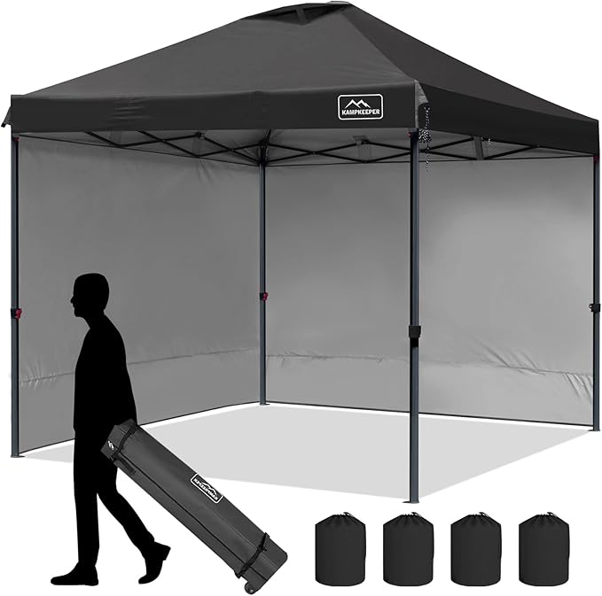 KAMPKEEPER 10x10 Pop Up Canopy Tent with 2 Sidewalls, Beach Tent - Easy Outdoor Sun Shade for Events, Parties, Camping - Gazebo with 4 Weight Bags & Carry Bag. (Black)