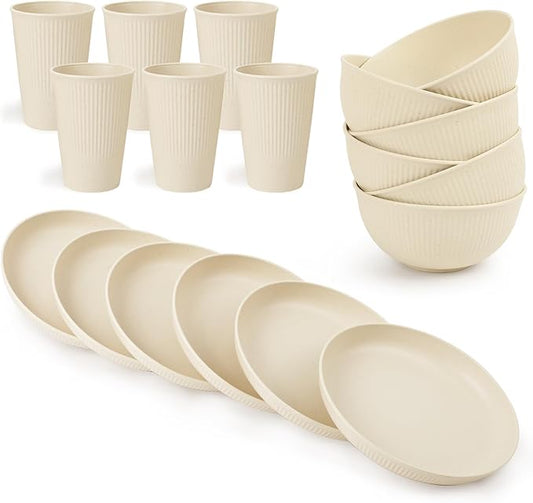 18PCS Wheat Straw Dinnerware Sets Unbreakable Dinnerware Sets Reusable Cups Plates and Bowls Sets Microwave Dinnerware Set for Kitchen Travel Camping