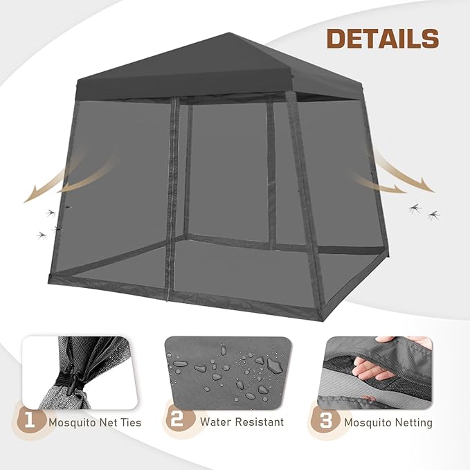 EAGLE PEAK 10x10 Slant Leg Easy Setup Pop Up Canopy Tent with Mosquito Netting 64 sqft of Shade, Gray