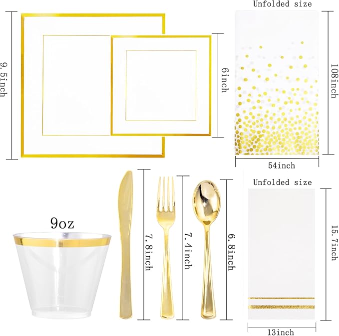Festiva 176Pcs Gold Plates Disposable - Square Party Plates Dinnerware Sets - include Cups,Plastic Cutlery,Hand Napkins,Tablecloth for 25 Guests Party&Wedding&Christmas&Thanksgiving