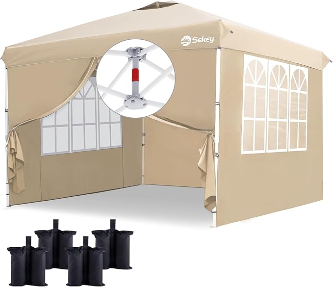 Sekey 10x10 Pop Up Canopy with 4 Sidewalls, One Push Setup Instant Outdoor Gazebo, Instant Easy Up Canopy with UPF50+ Top, 4 Weight Bags for Events, Beach, Patio, Camping