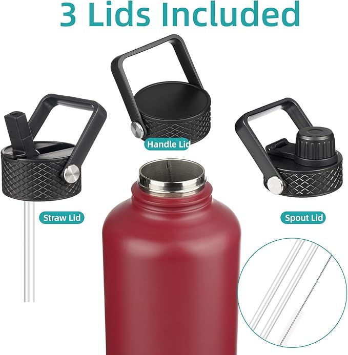 Insulated Water Bottle with Straw,50 oz 3 Lids Water Jug with Carrying Bag,Paracord Handle,Double Wall Vacuum Stainless Steel Metal Flask,Dark Red