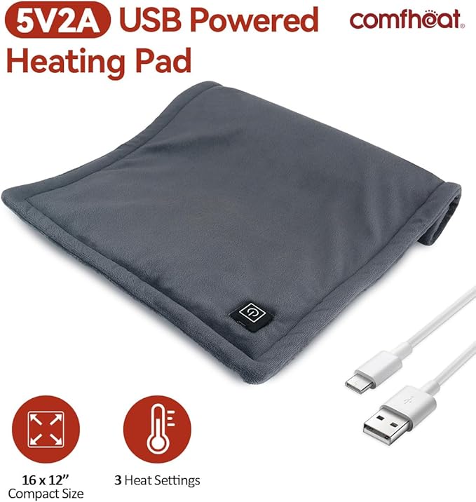 USB Heating Pad for Travel Warmth Outdoors, Non-Rechargeable Small Heated Pad 5V Heat Therapy for Pain Relief Abdomen Cramps, 3 Heat Settings & Auto Shut Off (16"x 12") Grey