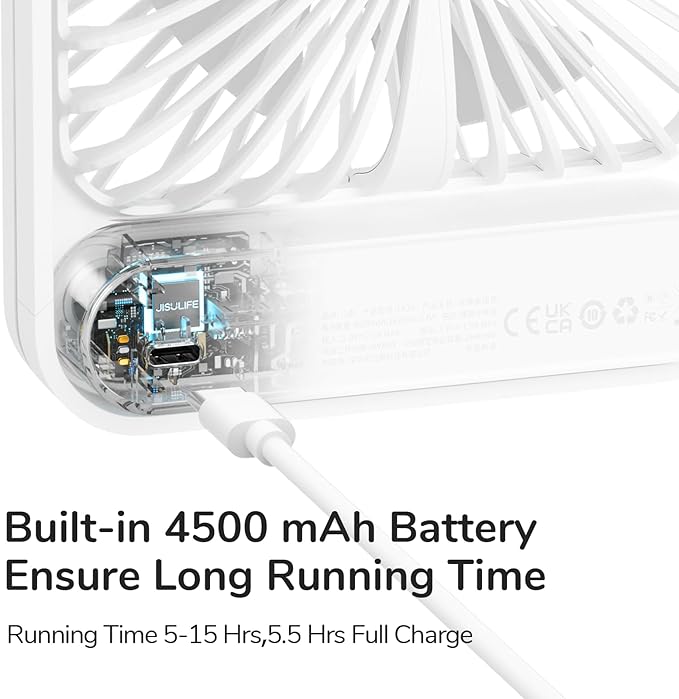 JISULIFE Desk Fan Battery Rechargeable, 4500mAh 180°Foldable Portable Personal Fan, 4 Speeds Adjustable Long Battery-life for Home Office Travel Outdoor Gifts for Women Men-White