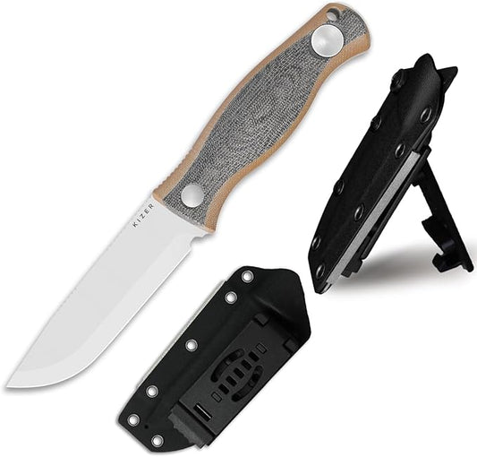 Kizer Polaris Fixed Blade Knife, 4.23" AEB-L Steel Camping Knife with Black Micarta & Brown G10 Handle, Outdoor Survival Hunting Bushcraft Knives with Adjustable Sheath & Sharpener, 1100A1