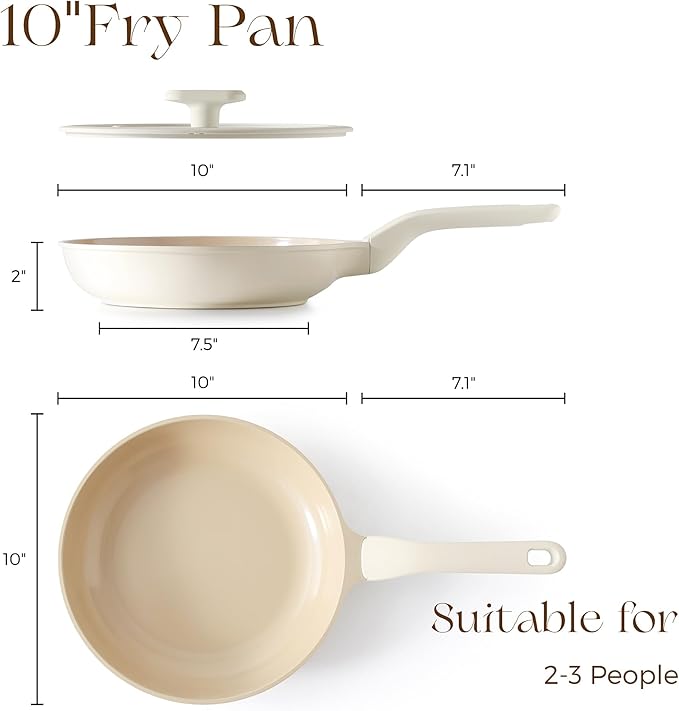 Nonstick Ceramic Frying Pan with Lid, 8/10 Inch Skillet with Stay Cool Handle, Fully Coated, 100% Dishwasher Safe, Oven Safe, PTFE PFAS & PFOA Free (10 Inch, Coconut White