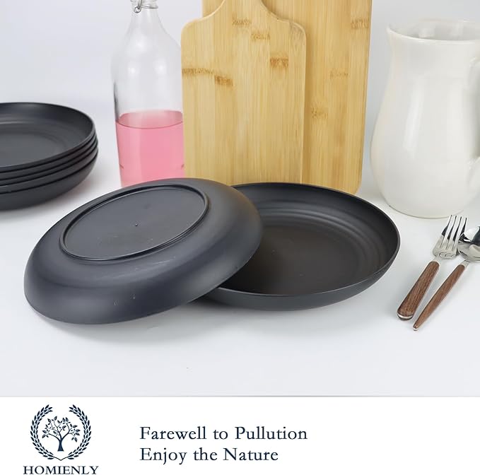 Homienly Dinner Plates Set of 8 Alternative for Plastic Plates Microwave and Dishwasher Safe Wheat Straw Plates for Kitchen Unbreakable Plate Set (Black, 10 inch)