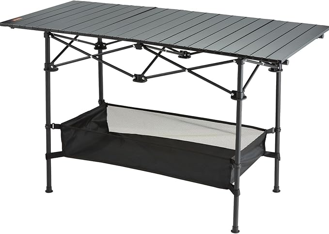 VEVOR Folding Camping Table, Adjustable Height Portable Side Tables, Aluminum MDF Beach Table with Mesh Layer, Carrying Handle, Lightweight Compact for Outdoor Picnic BBQ Cooking (45inch-Black)