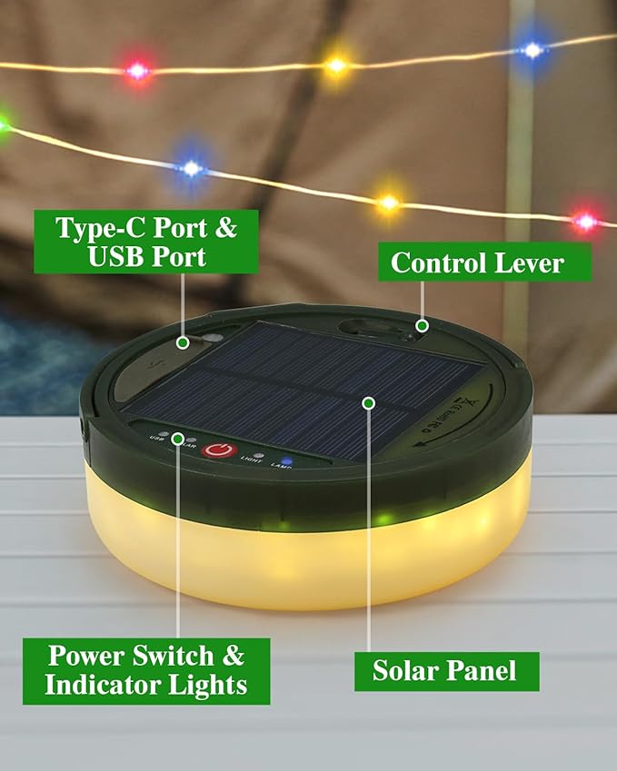 Anpro 4 in 1 Solar Camping String Lights, 32.8Ft Ultra Long Multi-Color LED String, 3600mAh Solar Powered and USB Rechargeable Light with Remote Control, Portable Camping Light for Hiking, Decoration