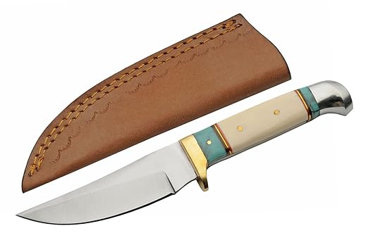 SZCO Full Tang Hunting Knife 8 Inch - Pocket Knife with Stainless Steel Blade, Bone/Resin Handle & Leather Sheath - Camping Knife for hunting - Skinning knife for Men