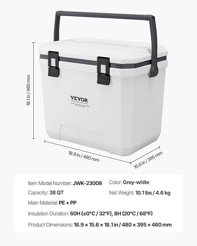 VEVOR Ultra-Light Hard Cooler, Ice Retention Cooler with Heavy Duty Handle, Ice Chest Lunch Box for Camping, Travel, Outdoor, Keeps Cool for up to 6 Days, 30% Lighter Than Rotomolded Coolers