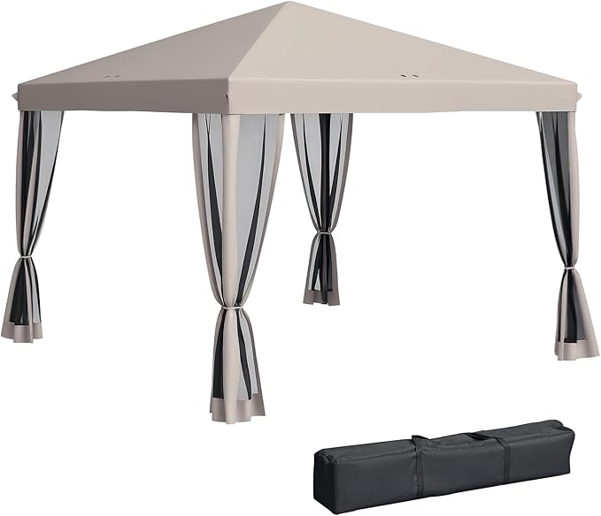 Outsunny 10' x 10' Pop Up Canopy Tent with Netting, Instant Gazebo, Screen House Room with Carry Bag, Height Adjustable, for Outdoor, Garden, Patio, Camping, Beige