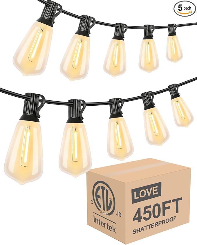 Lightdot 450FT Outdoor String Lights, LED Bistro String Lights with Shatterproof ST38 Bulbs, 2200K Dimmable, Waterproof Hanging Lights for Porch, Party, Garden, Backyard, Balcony
