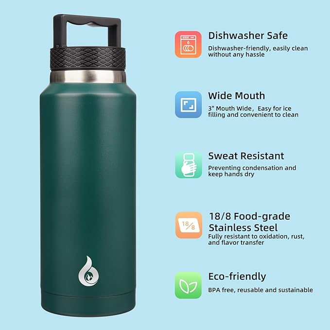 BJPKPK Insulated Water Bottles, Dishwasher Safe 36 oz Water Bottle with Handle, Leakproof BPA Free Water Jug, Stainless Steel Thermo for Sports, Army Green