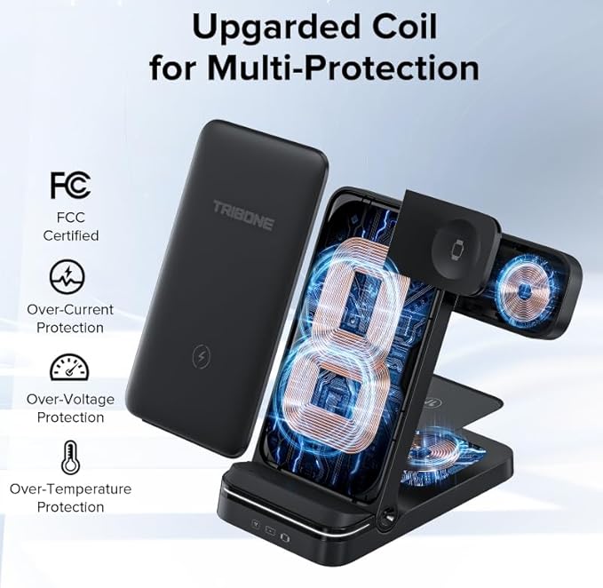 Wireless Charger, Tribone 3 in 1 Foldable Fast Charger for iPhone 16 15 14 13 12 11 Pro Max XR XS 8 Plus,for Multiple Devices,for Apple Watch 10 9 8 7 6 5 4 3 2 SE Ultra,for AirPods Pro 4 3 2, Black