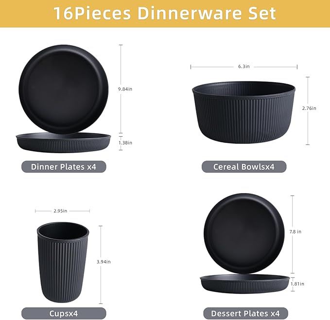 Reusable 16 Pcs Wheat Straw Dinnerware Sets Plastic Plates And Bowls Sets Unbreakable Dinnerware Set Dishes for 4 Microwave Safe Plates Cereal Bowls Tableware For Camping Party
