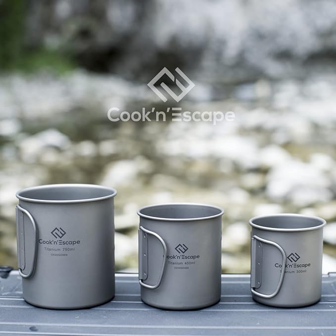 COOK'N'ESCAPE 450ml Camping Mug, Small Titanium Cup with Lightweight Backpacking Coffee Mug Foldable Handle for Outdoor Hiking Picnic Open Fire Cooking