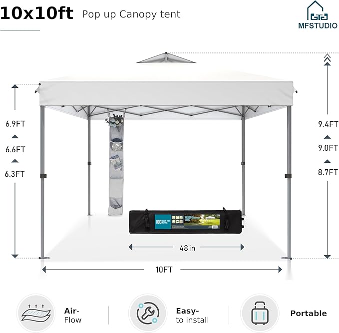 MFSTUDIO 10x10 Pop Up Canopy Tent, Outdoor Tent One Push Setup Instant Portable Shelter Canopies with Vented Top, Straight Legs, Wheeled Bag, 4 Sandbags, White