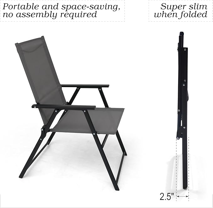 4 Pcs Patio Dining Chairs with Armrests Folding Outdoor Chairs Used for Camping Garden Backyard Pool Porch - Lightweight Grey Sling High Back