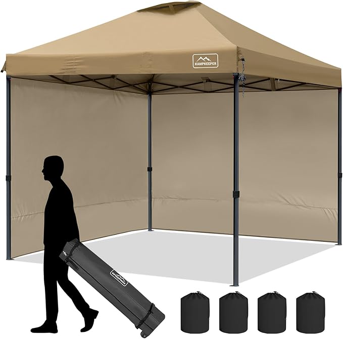 KAMPKEEPER 10x10 Pop Up Canopy Tent with 2 Sidewalls, Beach Tent - Easy Outdoor Sun Shade for Events, Parties, Camping - Gazebo with 4 Weight Bags & Carry Bag.(Khaki)