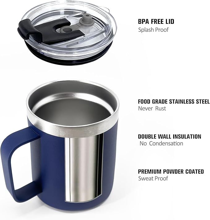 1pack 12oz Coffee Mug With Handle Bulk, Stainless Steel Insulated Travel Tumblers With,Double Wall Vacuum Camping Cup for Hot & Cold Drinks Tea (navy)