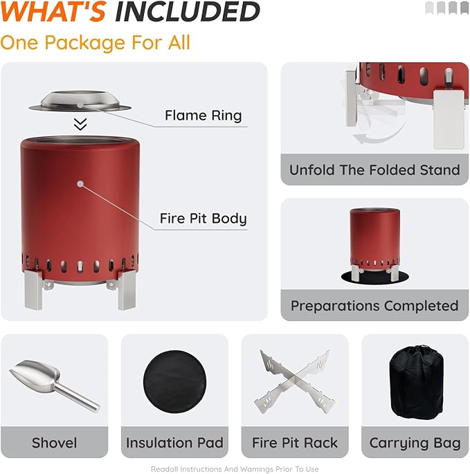 Mini Smokeless Tabletop Fire Pit with Pan Stand, Portable Stainless Steel Firepit Stove for Camping, Burns Pellets or Wood, Includes Travel Bag, Red