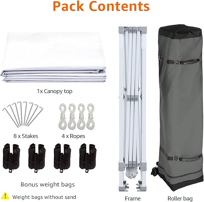 Amazon Basics Outdoor Pop Up 10 x 10 Canopy Tent for Events, Portable with Easy Setup, Includes Wheeled Carry Bag, 8 Pegs, 4 Ropes, 4 Weighted Bags, White
