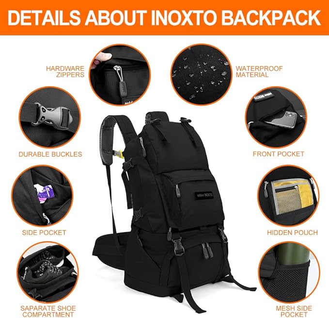 INOXTO 35L/40L Hiking Backpack, Camping Backpack with Waterproof Rain Cover for Men, Outdoor Sport Travel Daypack for Climbing (Black)