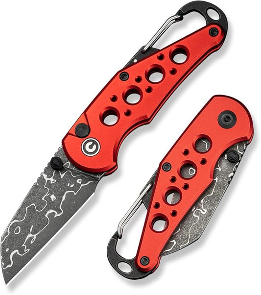 CIVIVI Pragma Folding Knife, Pocket Knife Multitool with EDC Carabiner, Bottle Opener, 2.2" Damascus Blade Aluminum Handle, Ideal Gift for Men Women C23062B-DS1 (Red)
