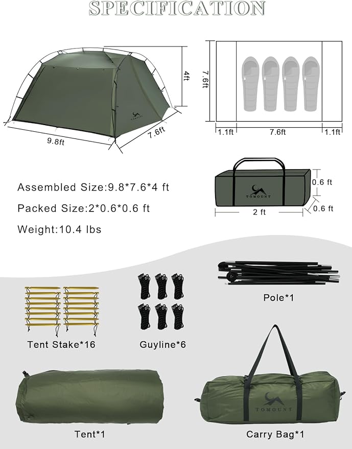 SML TOMOUNT 4 Person Tent for Camping Cabin Tent with Vestibule Lightweight Easy Set Up PU3000mm Waterproof 3 Season Outdoor Tent for Hiking Backpacking Motorcycle