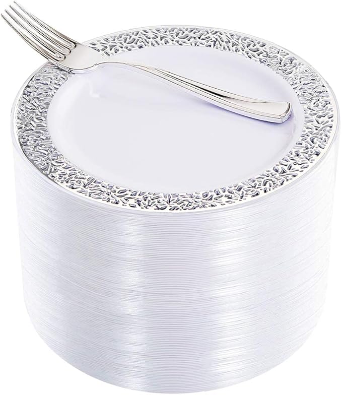 WDF 100pcs Silver Plastic Dessert Plates 7.5" with 100 Pieces Disposable Forks 7.4", Silver Plates Appetizer Plates Small Plates, Fancy Salad Plates and Cake Plates for Party/Wedding