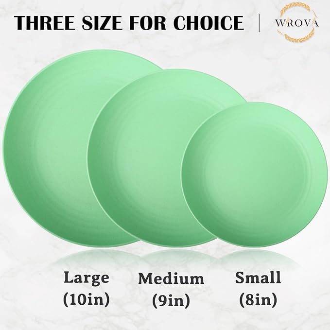 Wheat Straw Plates - 10 Inch Unbreakable Dinner Plates Set of 8 - Dishwasher & Microwave Safe Plastic Plates Reusable for Kitchen and Camping (Light Green)