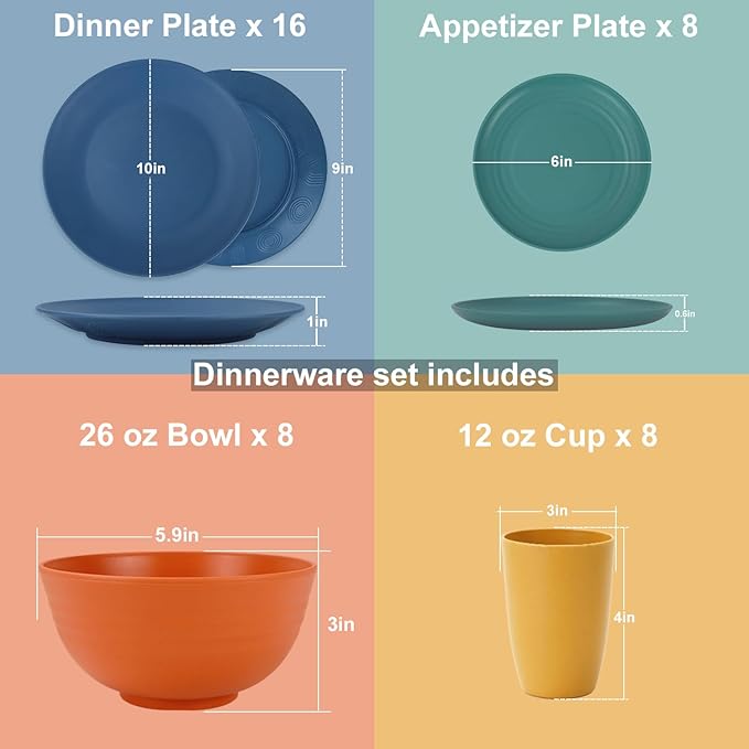 40 Pieces Plates and Bowls Sets, Wheat Straw Dinnerware Sets for 8, Dinner Plates, Cereal Bowls and Drinking Cups, Unbreakable and Reusable Plastic Dinnerware Sets (Multicolor)