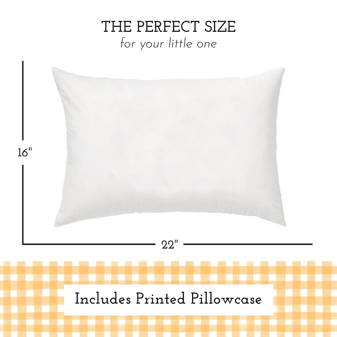 Little Sleepy Head Youth Pillow, Jumbo Toddler Pillow with 16x22 Pillowcase, Hypoallergenic Kids Travel Pillow - Best Kids Sleep Pillows with Gingham Yellow Case and Soft Cover