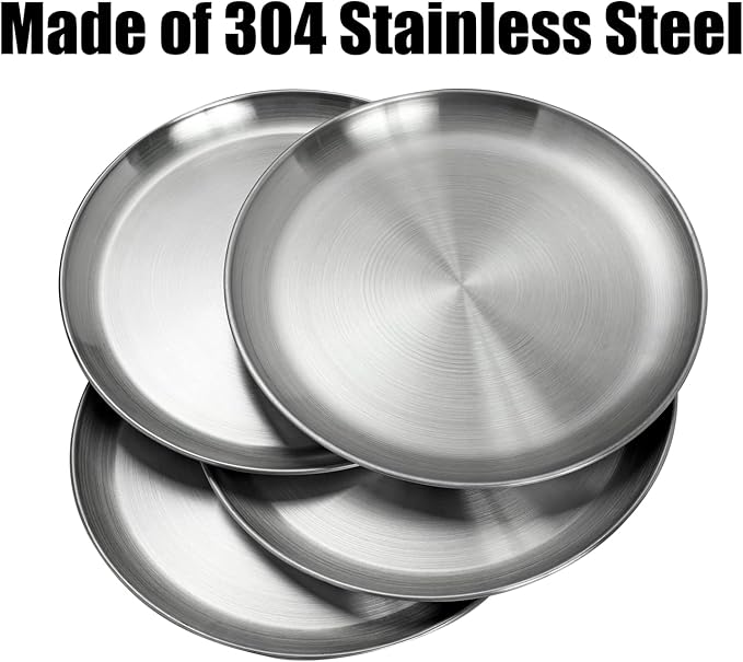 Stainless Steel Plates 10 inch Metal Lightweight Unbreakable Dinner Dishes Plates Set Non-Toxin Dishwasher Safe BPA Free and Healthy (4 Pcs)