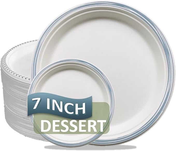 Disposable Paper Plate: Heavy Duty Elegant Eco-Friendly Compostable Paper Plates (50 Count), Tree Free Sugarcane Plate with Color Party Plate (7 inch Blue Dessert/Appetizer Plate)