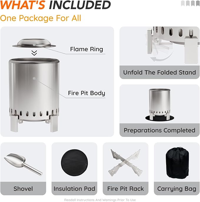 Mini Smokeless Tabletop Fire Pit with Pan Stand, Portable Stainless Steel Firepit Stove for Camping, Burns Pellets or Wood, Includes Travel Bag, Silver