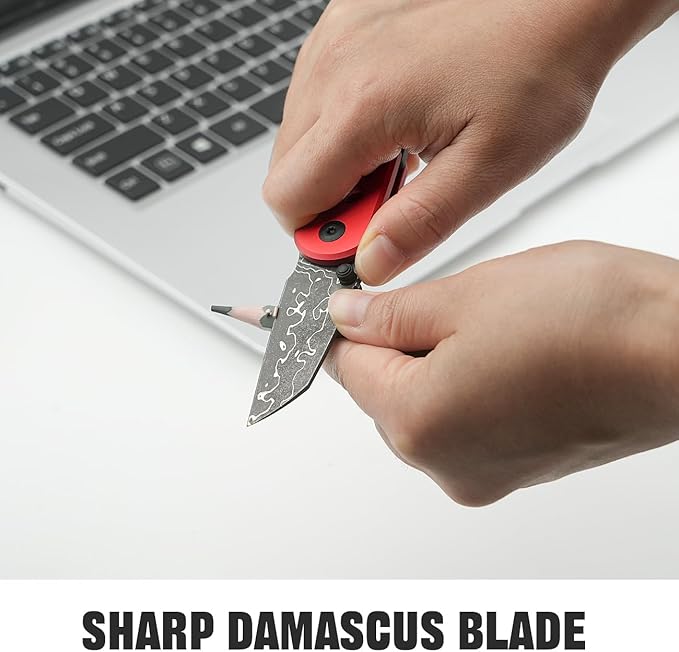 CIVIVI Pragma Folding Knife, Pocket Knife Multitool with EDC Carabiner, Bottle Opener, 2.2" Damascus Blade Aluminum Handle, Ideal Gift for Men Women C23062B-DS1 (Red)