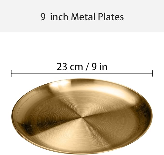 Stainless Steel Plates Metal Gold Dinner Plates Unbreakable Dinner Dishes Plates Set for Barbecue Kitchen Home Camping Outdoor Party (9inch 10Pcs)