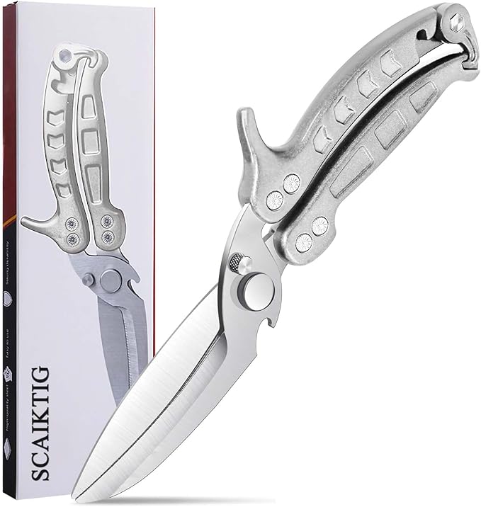 Heavy Duty Kitchen Shears, Detachable Poultry Shears with Serrated Edge, Spring-Loaded Stainless Steel Chef Scissors Cutting Bone, Chicken, Fish, Food, Meat, Silver Full Steel Handle
