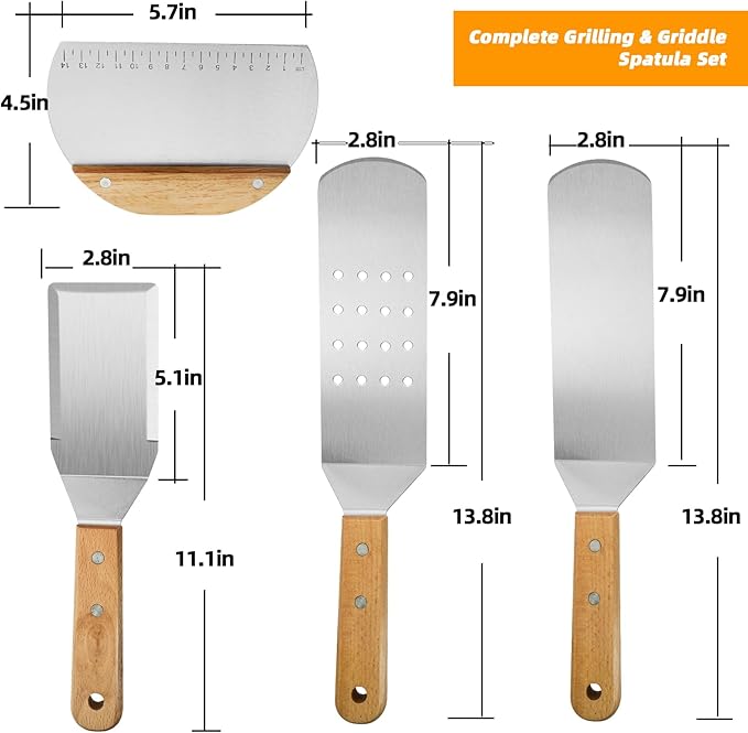 Heavy Duty Metal Spatula Set of 4, Professional Stainless Steel Griddle Spatulas and Scraper for Flat Top Grill, Cast Iron, BBQ, Smash Burger, Full Tang Wood Handle & Beveled Edge, Commercial Grade