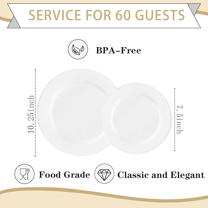 KIRE 120PCS White Plastic Plates - Heavy Duty White Disposable Plates for Party/Wedding - Include 60Pieces 10.25inch White Dinner Plates - 60Pieces 7.5inch White Dessert/Salad Plates