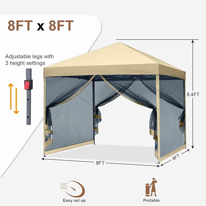 MASTERCANOPY Pop-Up Easy Setup Outdoor Canopy with Netting Screen Walls (8x8, Beige)