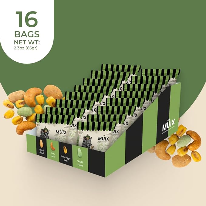 Müix Snacks, Special Flavor Trail Mix, Exotic Mix, Mix Snacks (Smoked Almond, Citrus Cashew, Peppper Lemon Corn, Wasabi Peanut) - 2.3 Ounce Bags (Pack of 16 Bags)