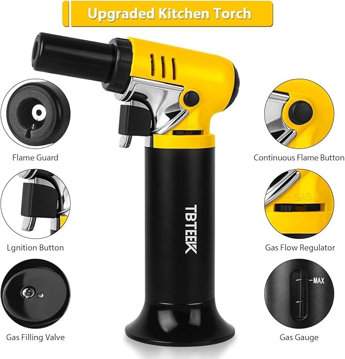 TBTeek Torch Lighter with Butane Included, T907 Butane Torch with 180ml Fuel Refill, Refiilable Kitchen Torch Lighter with Adjustable Flame for BBQ, Brulee Creme, Crafts and Soldering (1 Can)
